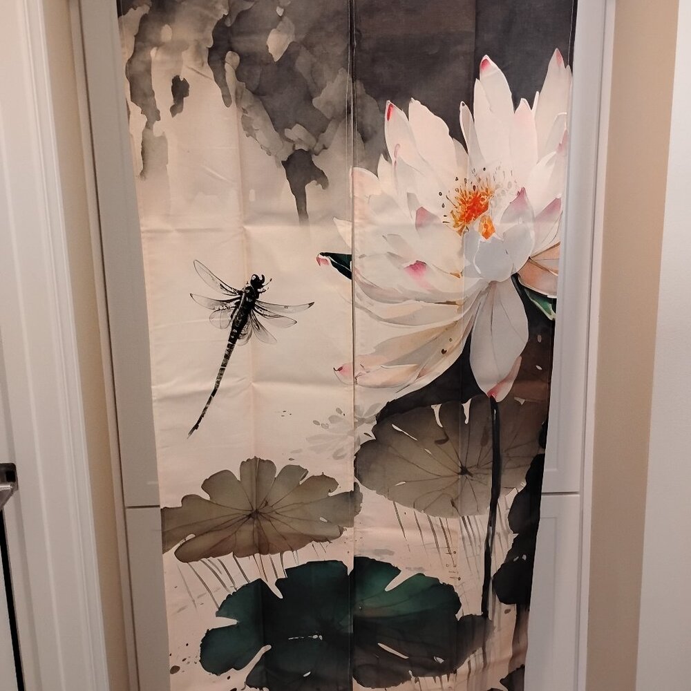 Dragonfly and Large Lotus Japanese Style Noren Doorway Curtain For Home Decor